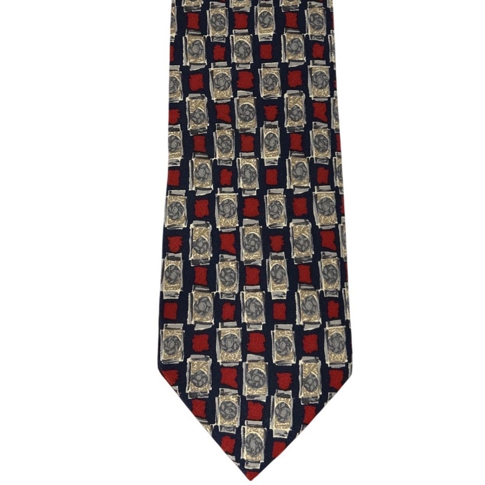 Valentino Cravatte Silk Necktie‎ Mens Navy Red Geometric Pattern Hand Made Italy